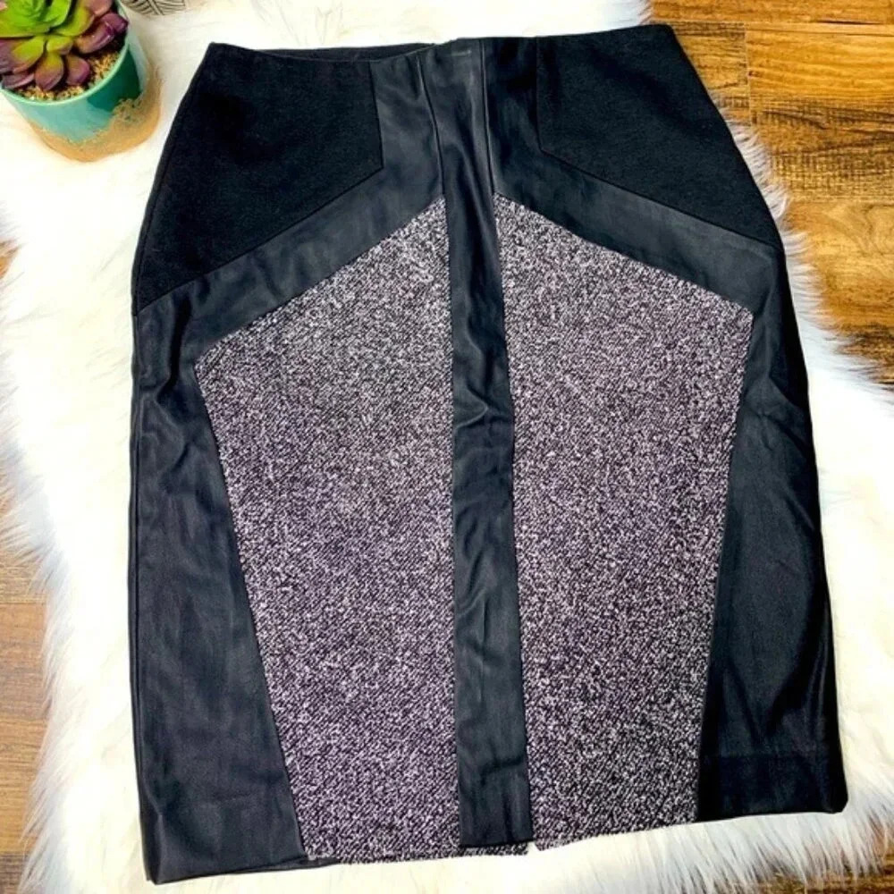 Ann Taylor Factory Faux Leather and Tweed Inset Pencil Skirt